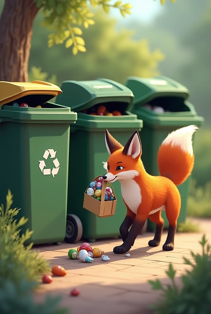 The fox goes to throw away the trash, there are 3 trash sorting bins