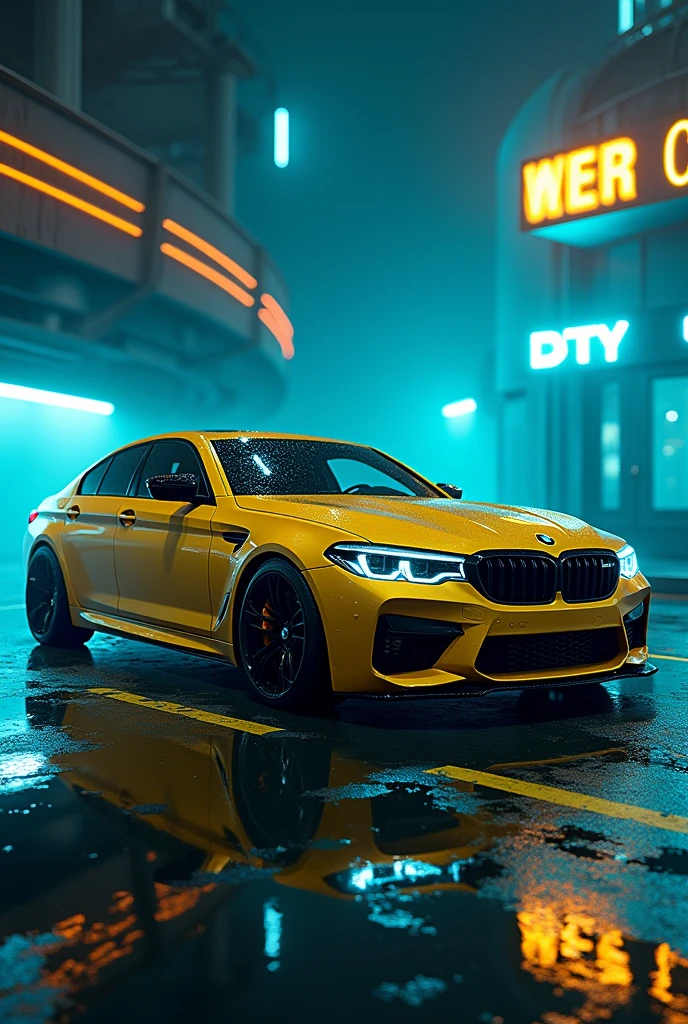 A yellow bmw m5 compitition in a cyberpunk blue and yellow light