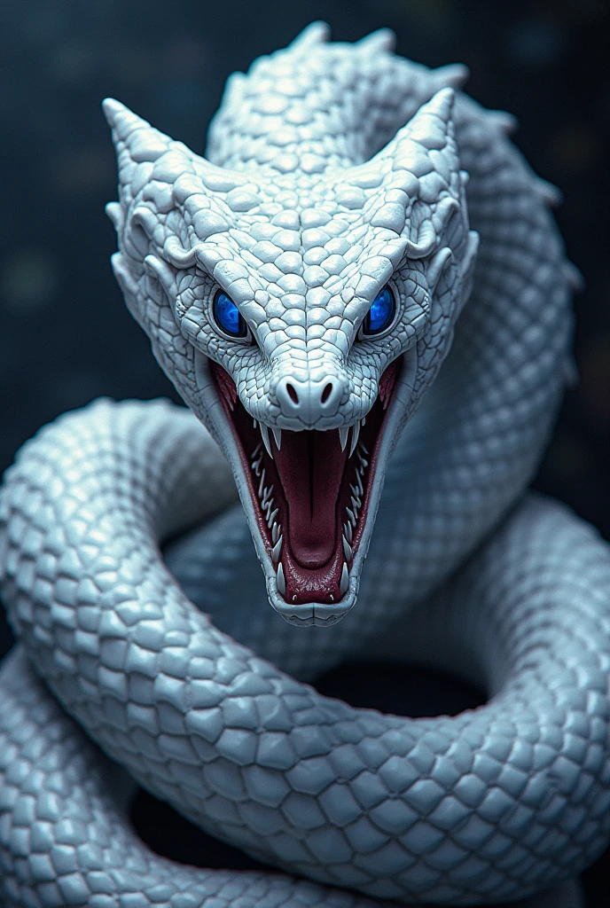 ((best quality)), ((masterpiece)), white snake, poisonous white snake, blue eyes,  venomous, scary, fierce, dangerous, angry, mad, lethal, fangs, dark background, black background, anime, comic book, cartoon