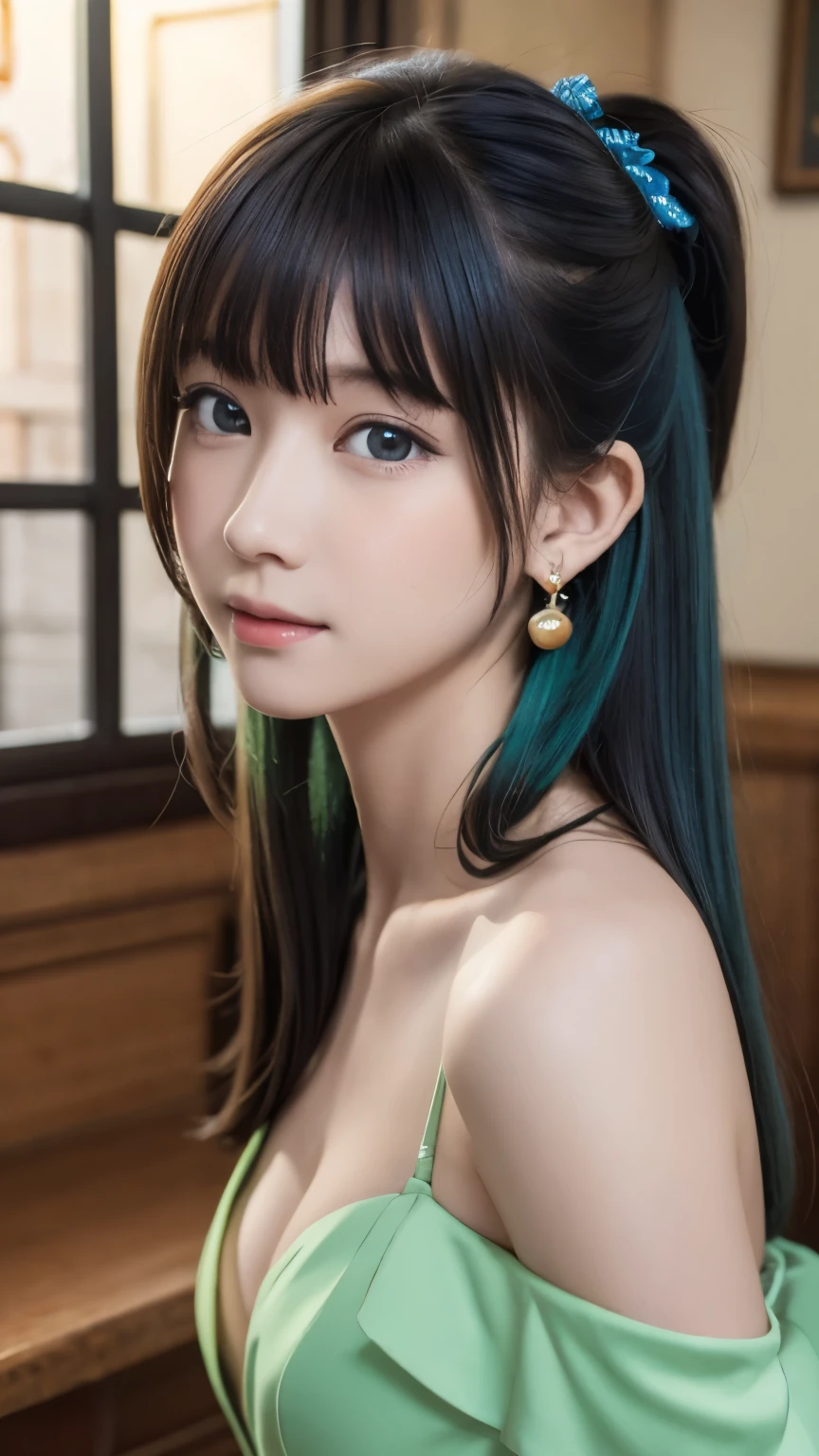 Top quality (8k, high resolution, masterpiece: 1.2), super detailed, anime art style, dynamic angle, style, (Chinese dress, exposed shoulders, earrings, indoor,), detailed green hair, detailed blue eyes, intricate hairstyle, long hair , slim body, sparkling eyes, youthful, hair accessories, earrings, half-updo, slightly dull bangs, detailed lighting, bright colors, looking at the viewer, in the center of the image, cowboy shot,