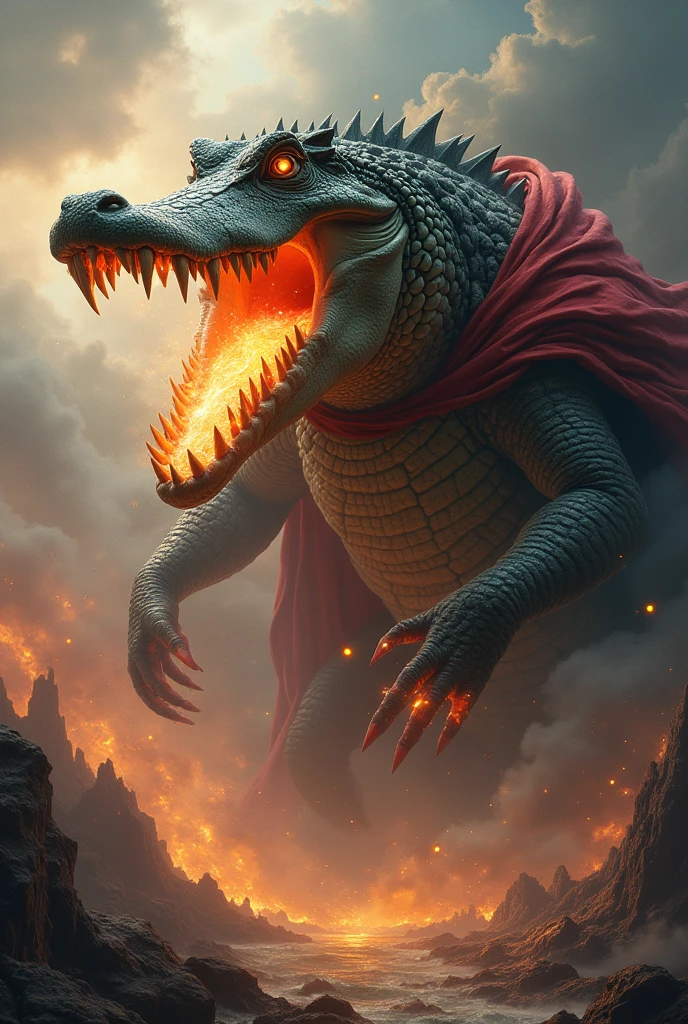 Universal alligator almost destroying the earth and flying into space . But well done .But well done.But well done.with a red cape and shooting fire from his mouth . spitting fire