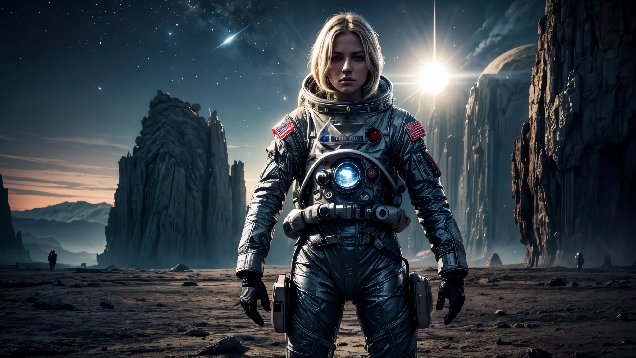 masterpiece, a beautiful blonde german girl lonely astronaut, desolate planetary landscape, space and stars, electric ambiance, utility belt, metallic gray zinc, science fiction, ultra high resolution. Photorealistic, 16k, UHD, HDR, Best quality, skin-tight astronaut suit, intricate, most fantastic details, ROUGH, Dramatic lighting, full body, spaceships in the sky, realistic reflections, sunrise, focus scale, , determined, dynamic posture, a military space complex in the background