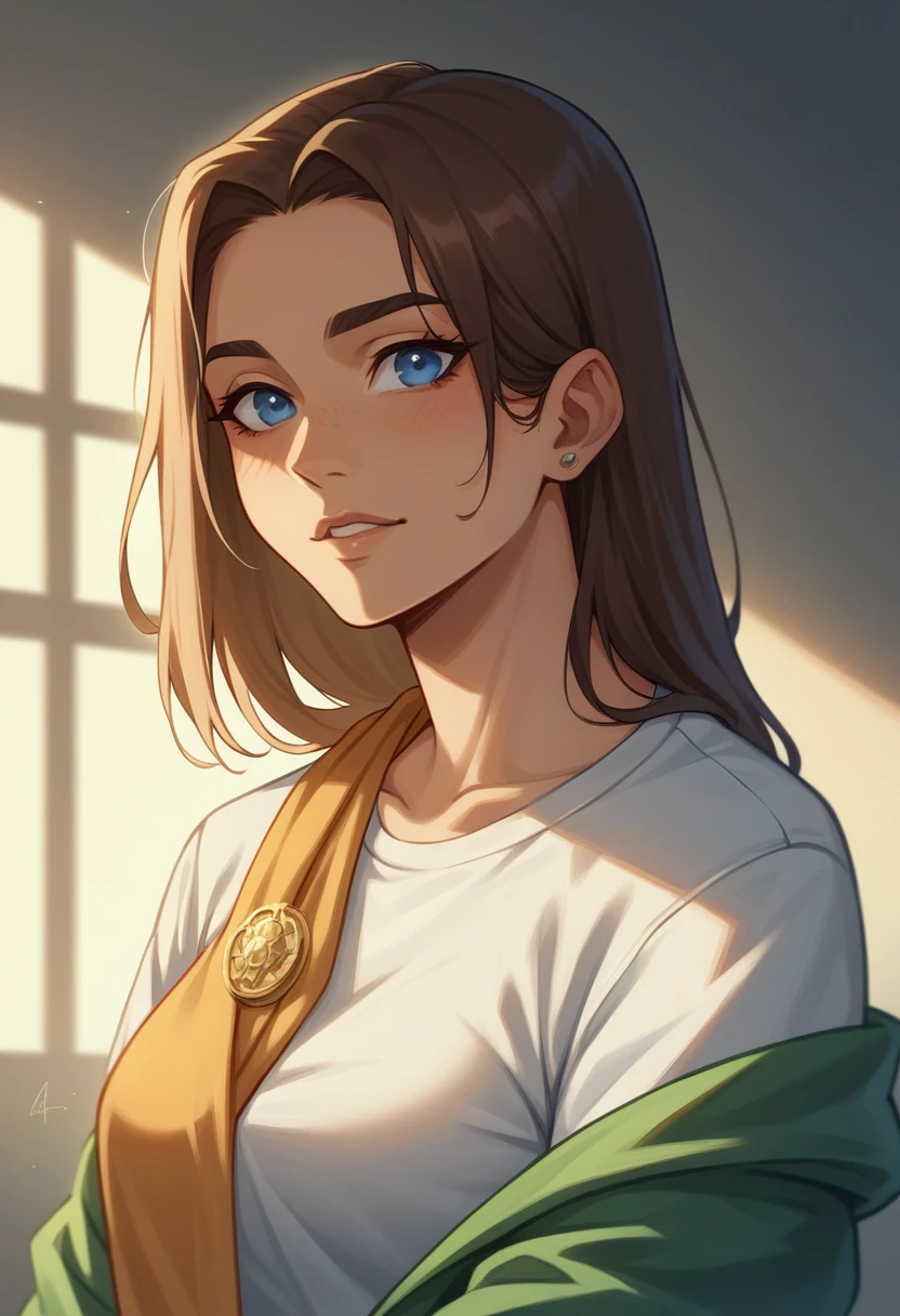 Create a highly realistic photograph of a 20-year-old latina woman who resembles Alisha Lhemann. She has chestnut brown hair and striking blue eyes. Her facial features should be soft yet defined, with a natural expression that reflects confidence and warmth. The lighting should be natural, highlighting her skin tone and hair color to enhance the realism and with the golden hour sunlight. The background should be neutral and slightly blurred to keep the focus on her face. Capture this image with a hight-resolution photograph using an 85mm lens for a flattering perspective