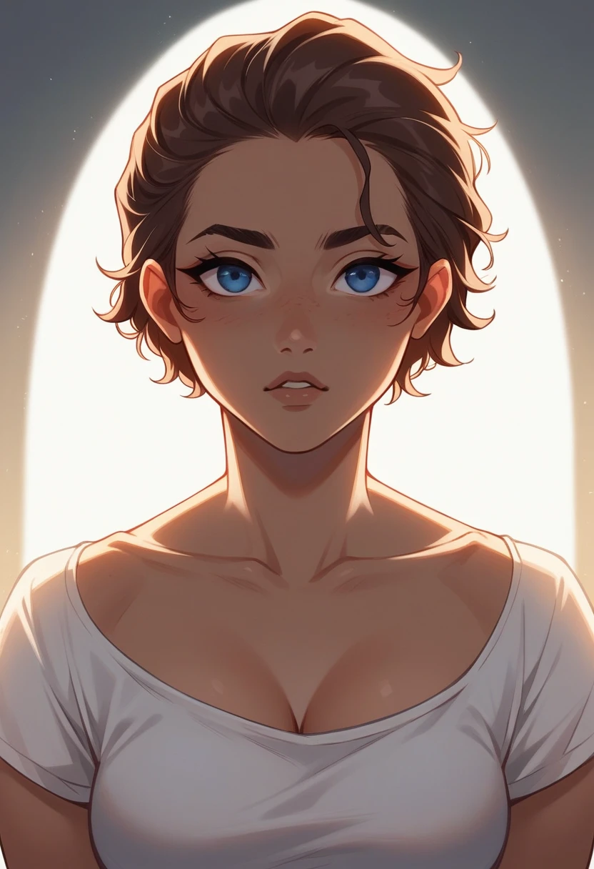 Create a highly realistic photograph of a 20-year-old latina woman who resembles Alisha Lhemann. She has chestnut brown hair and striking blue eyes. Her facial features should be soft yet defined, with a natural expression that reflects confidence and warmth. The lighting should be natural, highlighting her skin tone and hair color to enhance the realism and with the golden hour sunlight. The background should be neutral and slightly blurred to keep the focus on her face. Capture this image with a hight-resolution photograph using an 85mm lens for a flattering perspective
