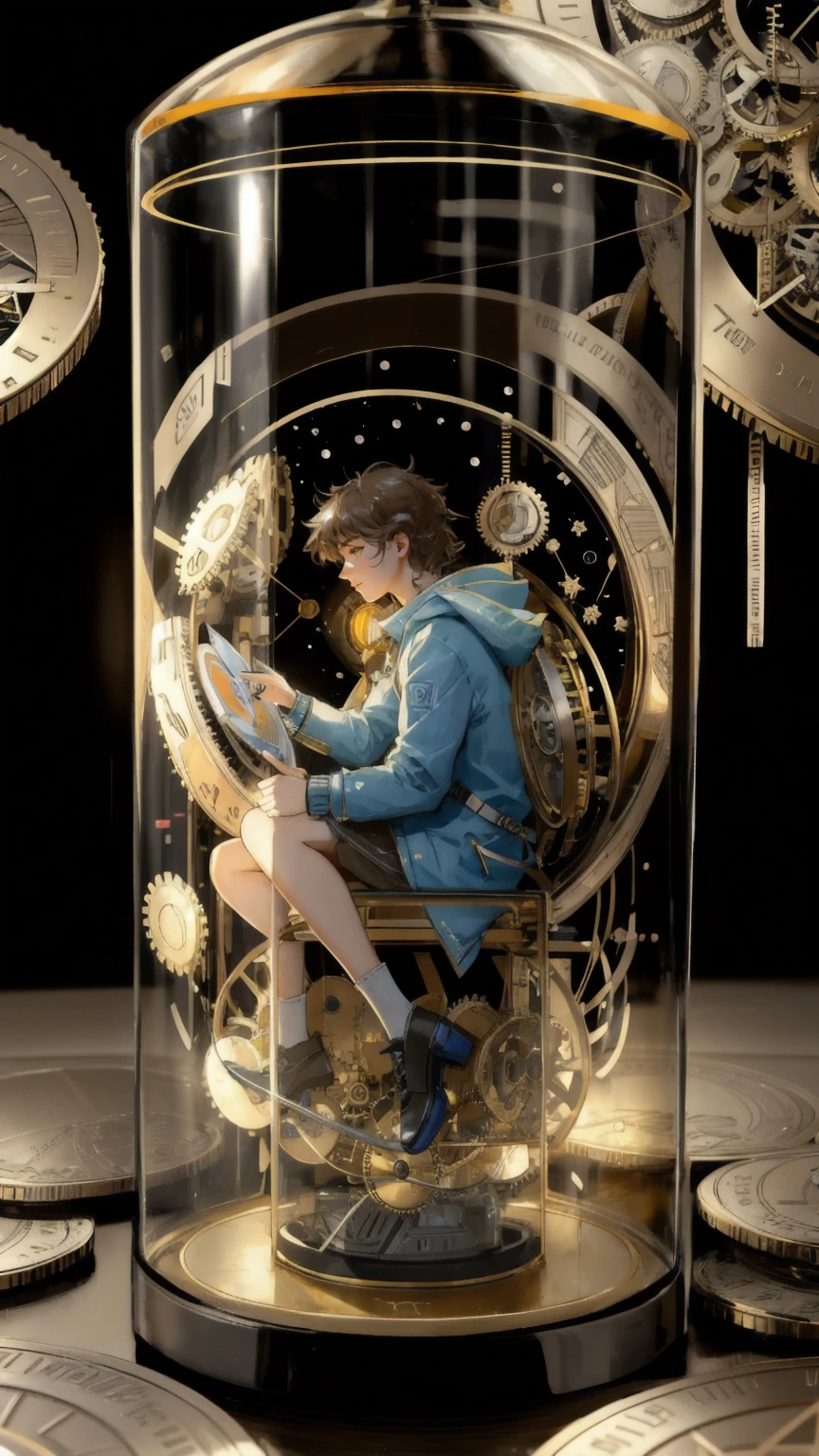 An image featuring a futuristic time machine labeled 'Early Mover Time Machine,' surrounded by floating and cascading digital coins of various cryptocurrencies like Bitcoin and Ethereum. The time machine is enclosed in a glass-like cylinder, with a glowing, mechanical interior, reminiscent of vintage clockwork gears and intricate mechanisms. Coins are seen spilling out and floating around the machine, while the background is yellow, giving an atmosphere of excitement and innovation in the crypto world.