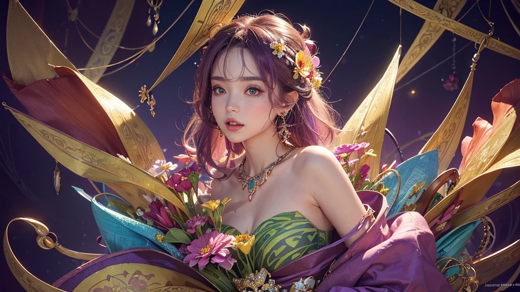 32K, 最高quality, 最高masterpiece, (ultra-Detailed Background, Detailed Background), High resolution, Super detailed, Very detailedな, 1 personの, (bouquet:1.3), (Tangled:1.2), (Geometric:1.2),(colorful),(masterpiece, quality, best quality, Official Art, Beautiful and beautiful:1.2), (1 person:1.3), Very detailed,(colorful:1.1)(Flowers:1.3),Most detailed,(Tangled:1.2), whole body, (Abstract background:1.3), (Skin glows), (Many colors:1.4), ,(Earrings Jewelry:1.5), Purple-red pale background, It's imaginative., Milk tea colored hair,