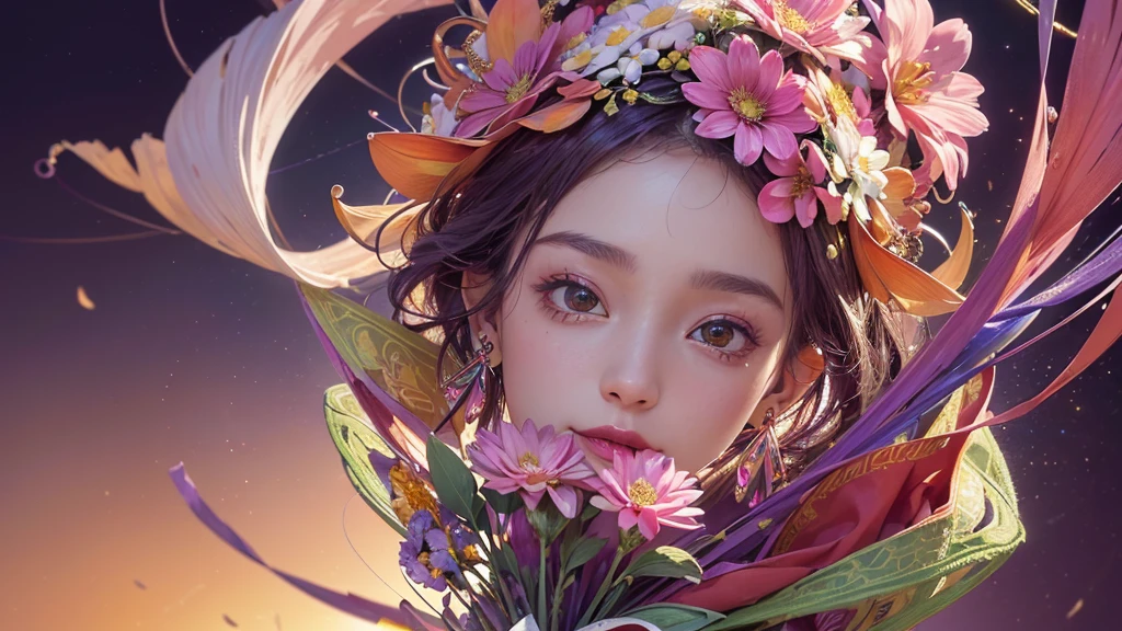 32K, 最高quality, 最高masterpiece, (ultra-Detailed Background, Detailed Background), High resolution, Super detailed, Very detailedな, 1 personの, (bouquet:1.3), (Tangled:1.2), (Geometric:1.2),(colorful),(masterpiece, quality, best quality, Official Art, Beautiful and beautiful:1.2), (1 person:1.3), Very detailed,(colorful:1.1)(Flowers:1.3),Most detailed,(Tangled:1.2), whole body, (Abstract background:1.3), (Skin glows), (Many colors:1.4), ,(Earrings Jewelry:1.5), Purple-red pale background, It's imaginative., Milk tea colored hair,