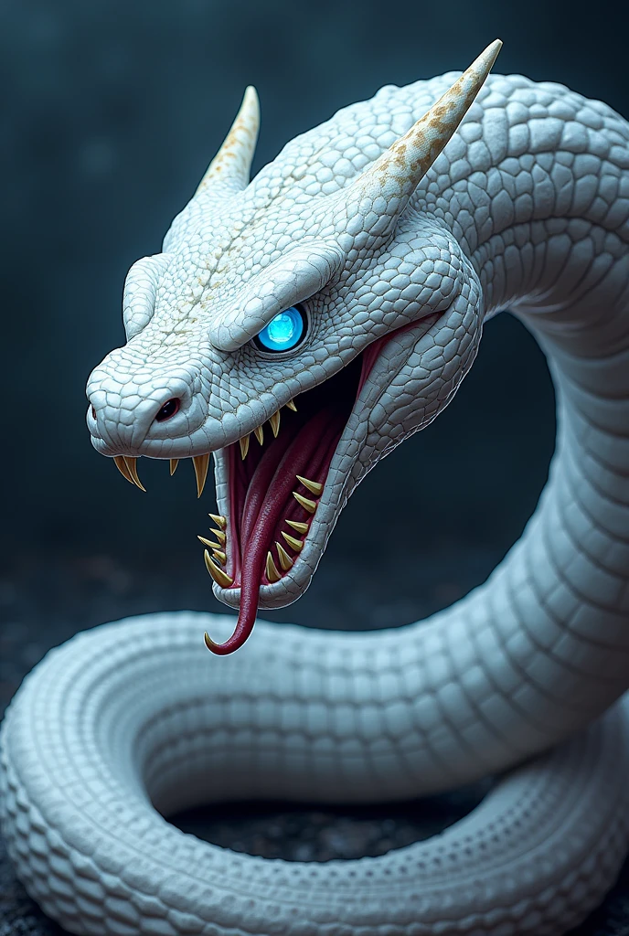 ((best quality)), ((masterpiece)), white snake, poisonous white snake, blue eyes,  venomous, scary, fierce, dangerous, angry, mad, lethal, fangs, dark background, black background, anime, comic book, cartoon