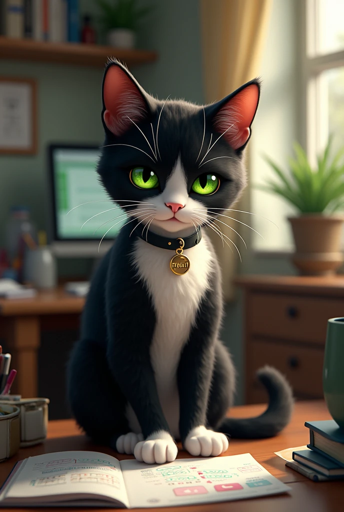 Un chat tuxedo aux yeux verts dans un bureau qui fait des calculs. Il a un collier avec écrit Tybalt.