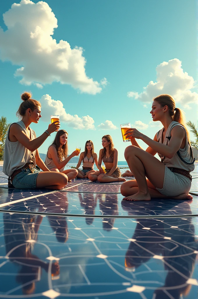 Solarpunk image of people drinking jars of beer on top of solar panels