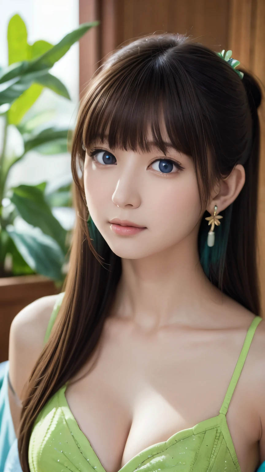 Top quality (8k, high resolution, masterpiece: 1.2), super detailed, anime art style, dynamic angle, style, (Chinese dress, exposed shoulders, earrings, indoor,), detailed green hair, detailed blue eyes, intricate hairstyle, long hair , slim body, sparkling eyes, youthful, hair accessories, earrings, half-updo, slightly dull bangs, detailed lighting, bright colors, looking at the viewer, in the center of the image, cowboy shot,, cleavage