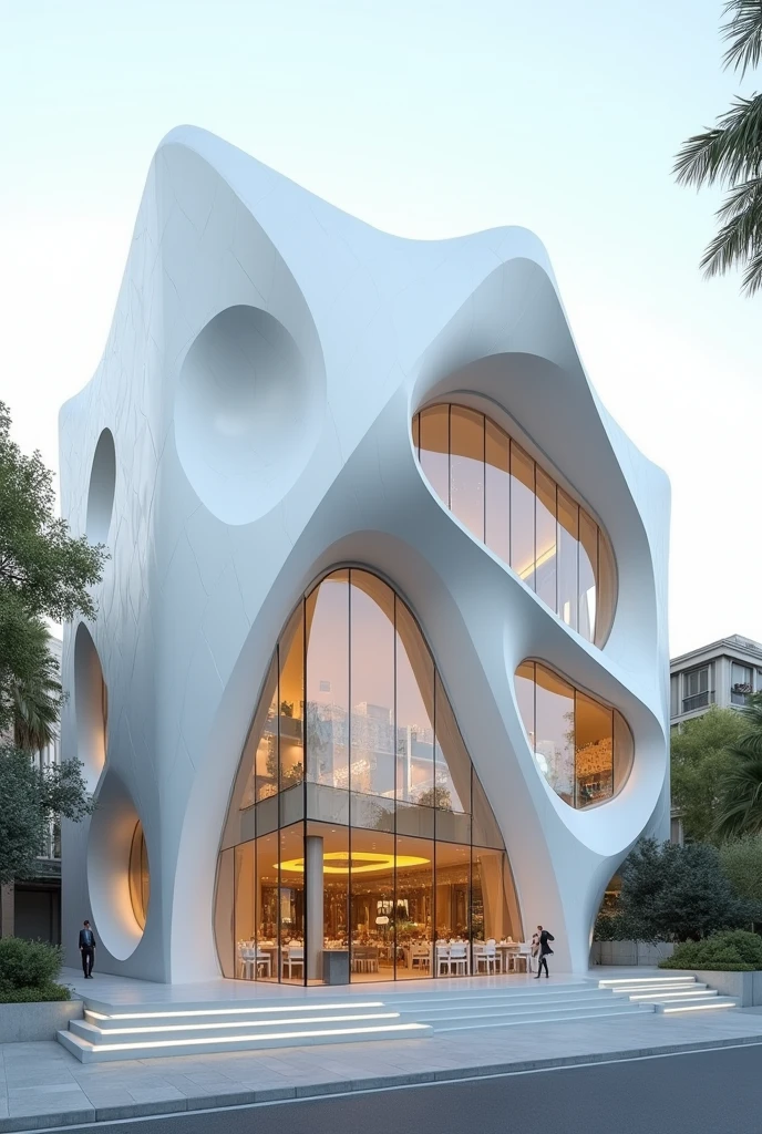 Postmodern facade architecture of resturant in iran , shell of paper design white concrete , high quality rendering architecture, cinematic , larg window