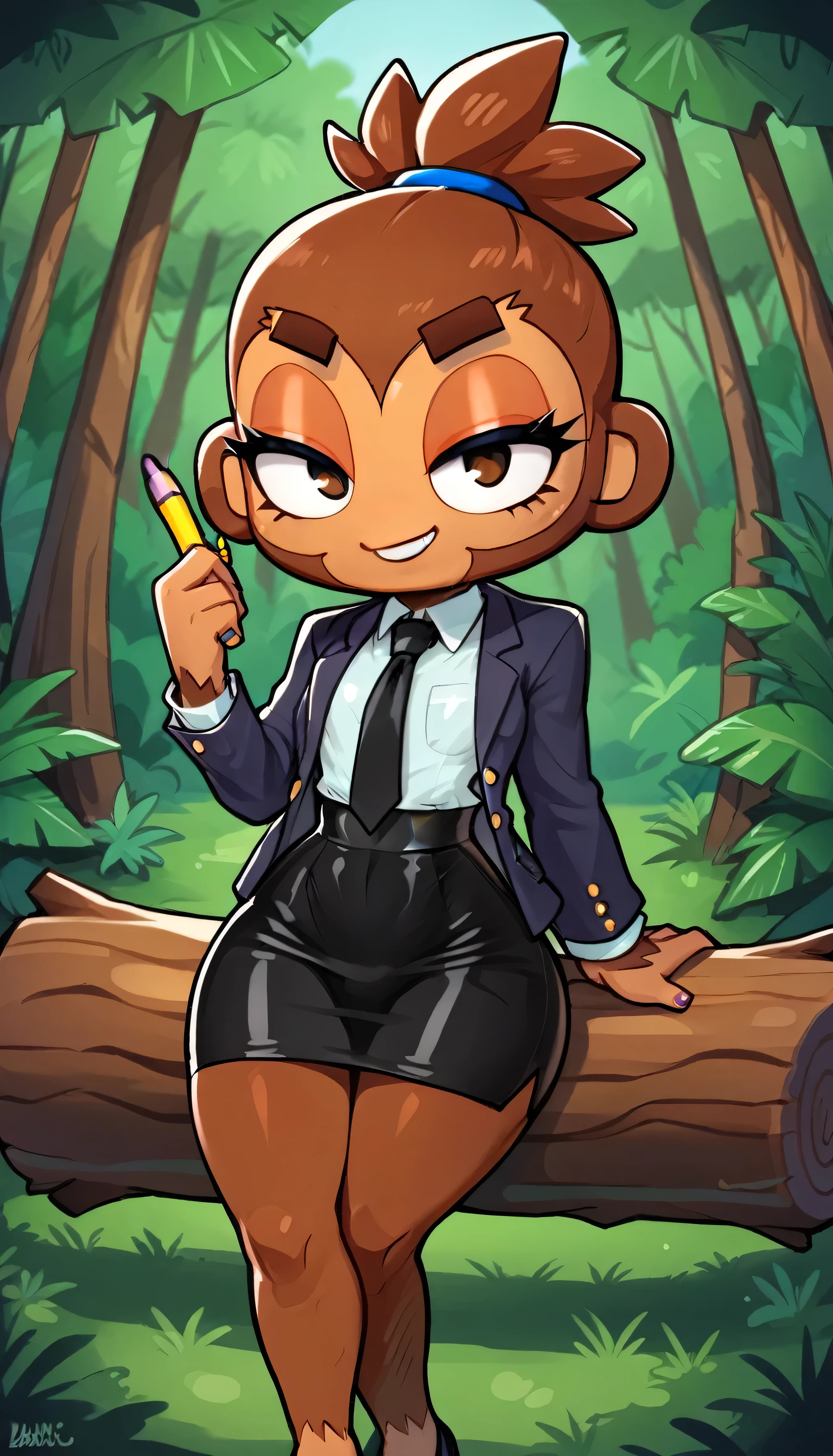 score_9, score_8_up, score_7_up,
1boy crossdressing femboy, solo, eyelashes, eyeliner, eyeshadow, smug, shortstack, gyaru, crossed legs, skirt suit, (((three-piece suit))), (((dress shirt))), (((necktie))), (((blazer))), (((suit jacket))), (((waistcoat))), double-breasted waistcoat, (((bodycon pencil skirt)))
log, jungle, trees, forest,
BTD6, furry, no nose, monkey, brown fur,