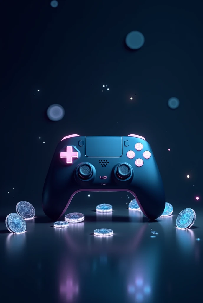 create a minimalistic Cryptocurrency game hero section image with luminous coins around a gaming controller at one side, conveying the idea of investment and gains without any text. the background color should be #08071A of the image.