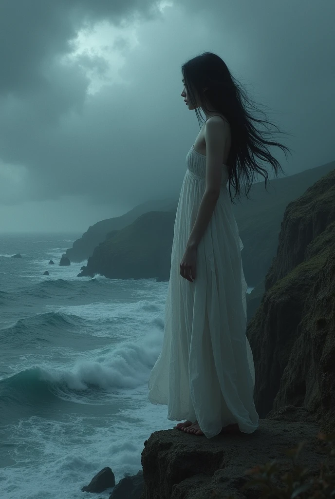 Girl with long black hair and white night gown standing on a cliff, looking down in the stormy sea