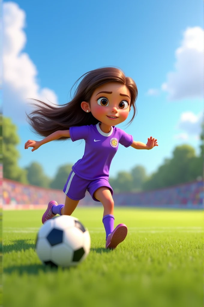 Pixar image of a white-skinned girl with brown eyes, Brown hair, in a purple sports uniform running with a soccer ball