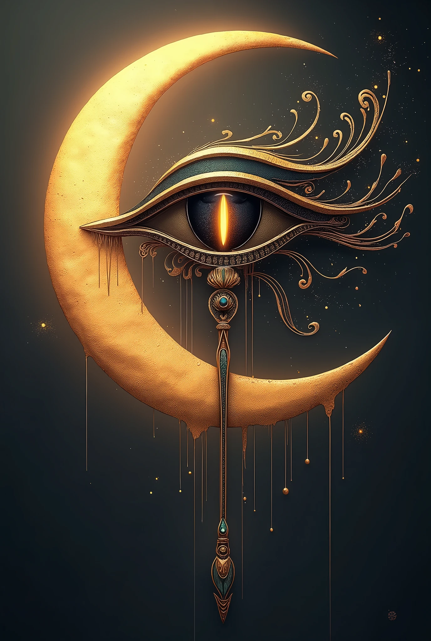 Create an image featuring the Eye of Ra at the center, inspired by ancient Egyptian symbolism. Enhance the design with feminine touches, such as softer, more elegant lines. Transform the pupil into a vertical cat’s eye slit, adding a mysterious and sharp element. Extend the black tear under the eye, making it longer and more fluid, like a flowing stream of ink. In the background, place a softly glowing crescent moon, creating a mystical and serene atmosphere