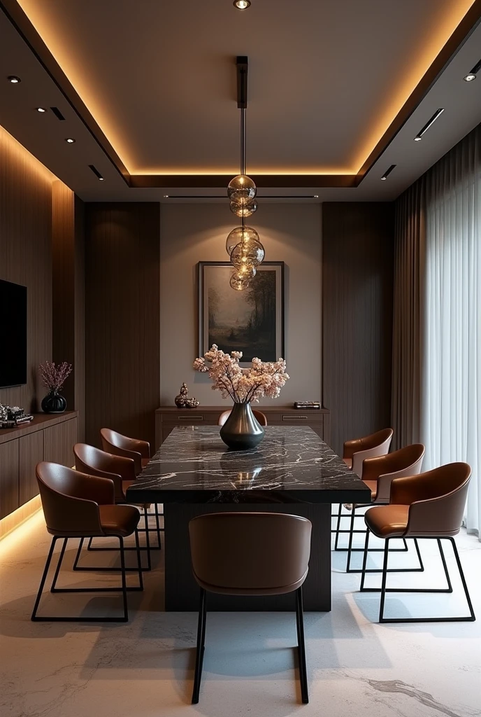 Professional 3d architecture rendering design of modern and minimal  dining room with so dark brown  8 chairs and black slab stone marble table  modern  and modern ceiling lighting and elegant ceiling lighting and dark wooden consulate and elegant ceiling lighting and elegant wall painting  and elegant accessories 