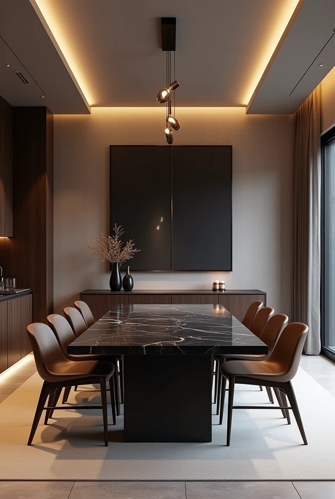 Professional 3d architecture rendering design of modern and minimal dining room with so dark brown 8 chairs and black slab stone marble table modern and modern ceiling lighting and elegant ceiling lighting and dark wooden consulate and elegant ceiling lighting and elegant wall painting and elegant accessories
