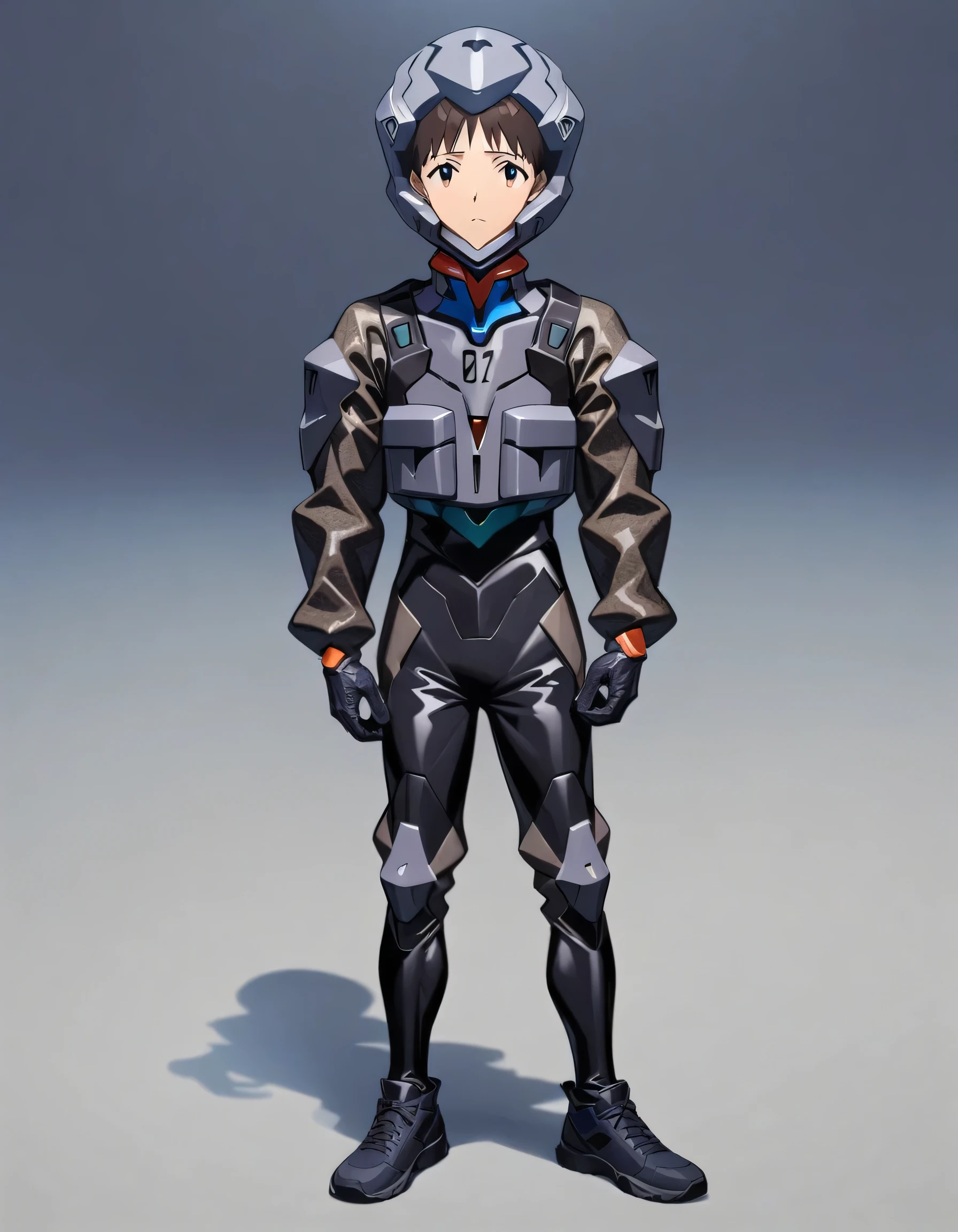 masterpiece, best quality, very aesthetic, absurdres,1boy, male focus, ikari shinji, neon genesis evangelion, looking at viewer, full body dark brown camo plug suite, grey helmet, clear dark glass, detailed face,
