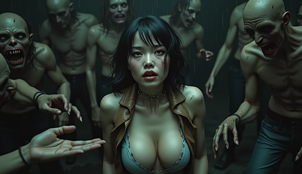 (32K:1.9, Horror expression:1.9, Highest quality, masterpiece, Ultra-high resolution), Perfect dynamic composition, Highly detailed skin and facial textures:1.3, Detailed eyes, Detailed limbs, (The Darkest Dungeon:1.3), Light brown leather clothing:1.6, Cute sexy slim Japanese woman:1.2, Fair skin, Tilt your head, (5 Zombies:1.8, Crazy behavior:1.7, Zombie touching a woman:1.9, Raindrops falling from the ceiling:1.5), (Her big breasts are about to burst., areola is not visible, Big cleavage), (A look of despair:1.3, Expression of despair:1.3, Totally captivates you), Beautiful Blue Eyes, Beautiful erotic eyes, Sexy Face, blush, Beautiful sensual atmosphere, Professional random camera work, ((Bloody:1.9, Covered in scars:1.9, Bruises on the face:1.9, Covered in bruises:1.9, Lots of big chains:1.8, Countless chains tangled in clothes:1.8, Chain your right arm:1.8, Chain the left arm:1.8, The right leg is bound with a shackle and chain:1.8, The left leg is bound with a shackle and chain:1.8)), ((Endless chains invade:1.8)), (Too erotic)