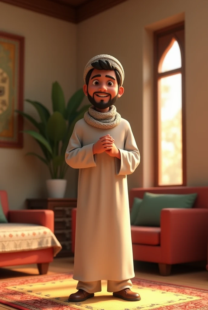 Creato a 3d animated muslim male character who gives us some information & her background is room & Also a including a name Nur and he looks camera 