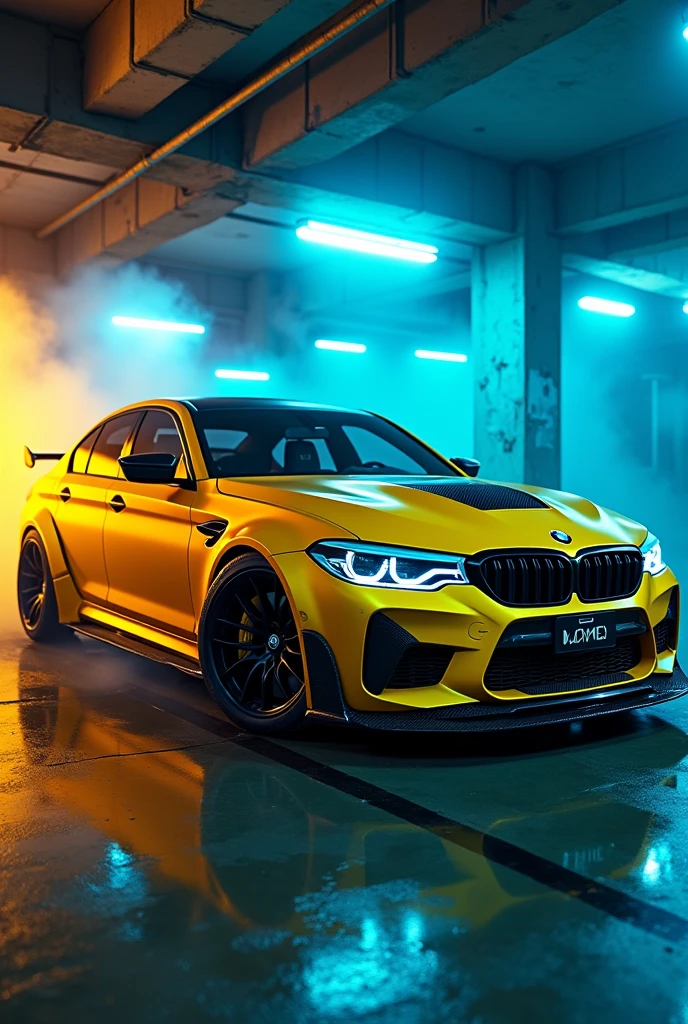 A yellow modified bmw m5 compitition in a cyberpunk blue and yellow light