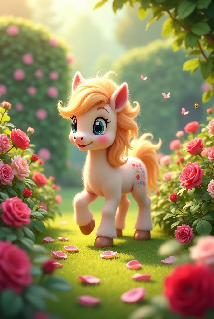 Cute pony in a garden with roses of different shades