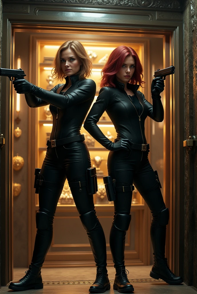 Scarlett johansson et natalie portman porte un cosplay de Black widow avec des pistolet et qui font un braquage dans une banque dans un coffre fort ouvert avec dedans bauecou de bijoux et de billet 