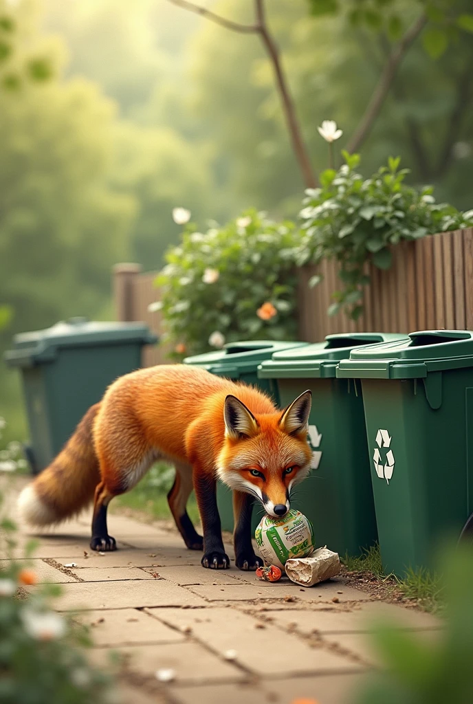 The fox goes to throw away the trash, there are 3 trash sorting bins