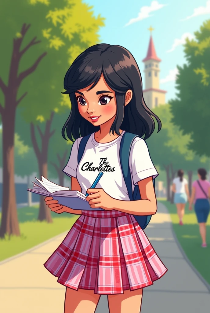 a cartoon showing filipino pupil a girl with black hair wearing a tshirt with brand "The Charlettes" in front and wearing a pink skirt  red and white plaid skirt uniform with a length of below the knee   , she is writing for campus journalism