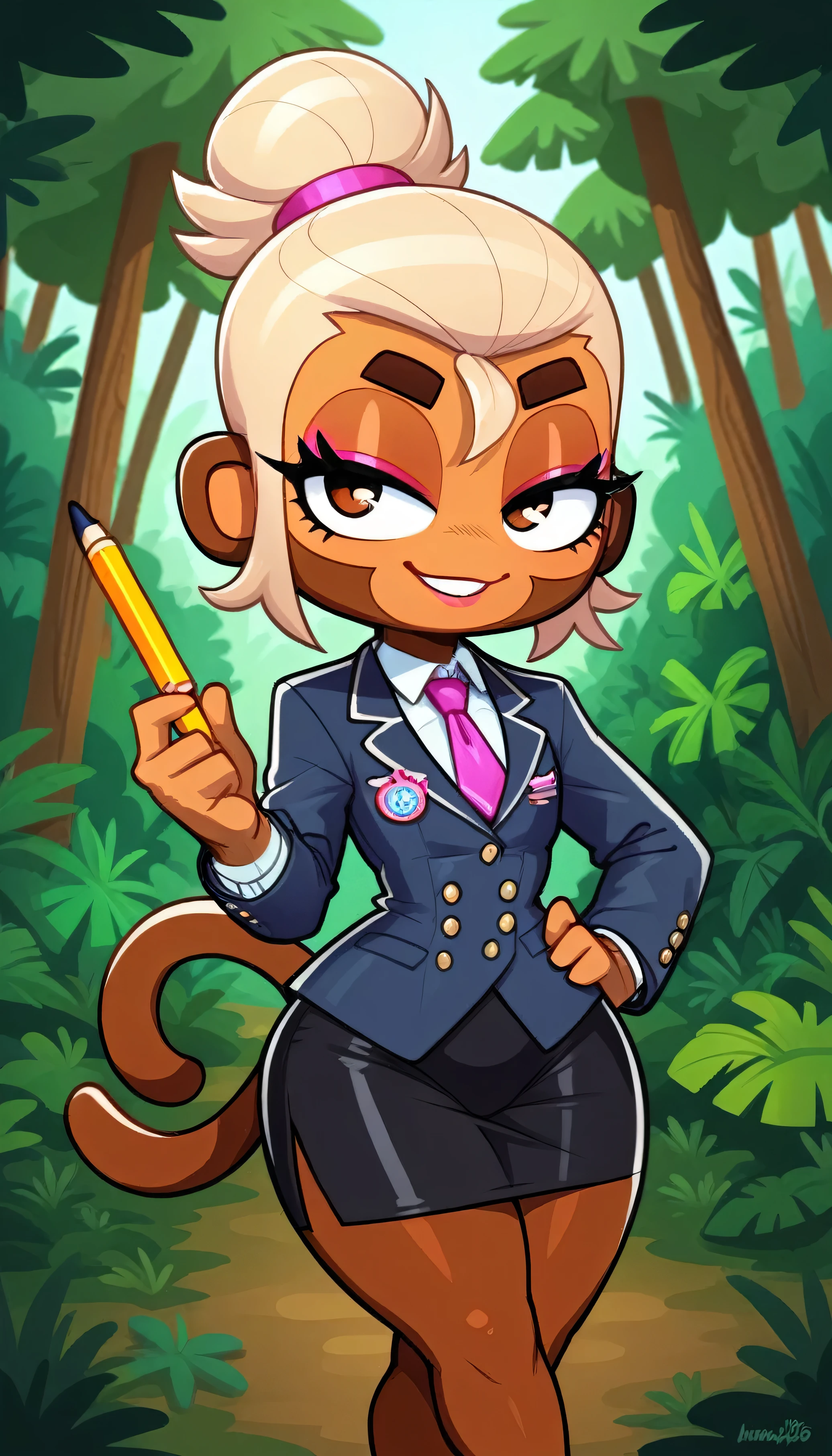 score_9, score_8_up, score_7_up,
1boy crossdressing femboy, solo, eyelashes, eyeliner, eyeshadow, smug, shortstack, gyaru, crossed legs, skirt suit, (((three-piece suit))), (((dress shirt))), (((necktie))), (((blazer))), (((suit jacket))), (((waistcoat))), double-breasted waistcoat, (((bodycon pencil skirt)))
log, jungle, trees, forest,
BTD6, furry, no nose, monkey, brown fur,
