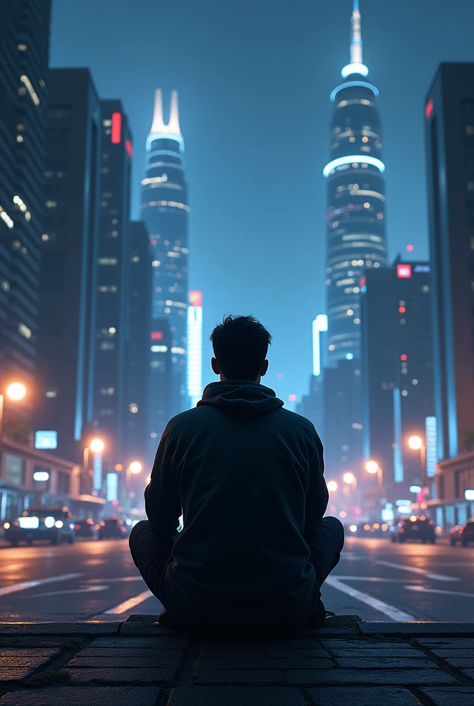A guy sitting in a side walk in the middle of the night, looking at the futuristic city. Back view