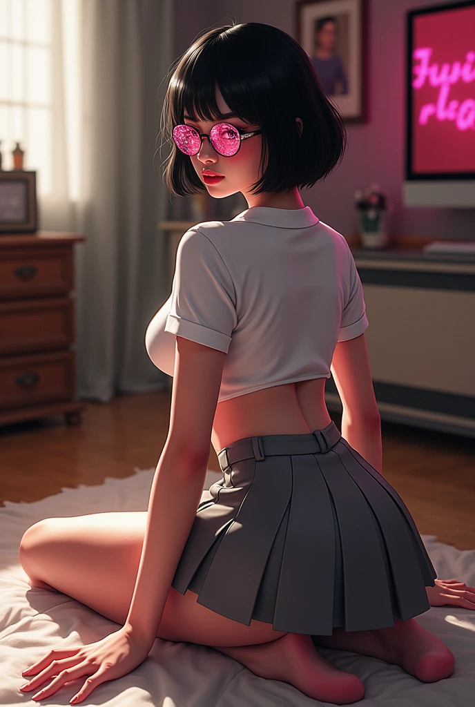 Generates a busty and big ass woman almost skinny, short black hair, with pink crystal rim lenses, with grey school skirt and white shirt, that she was sitting on the floor with her knees facing upwards, legs open to the sides so that her underwear and vagina can be seen
