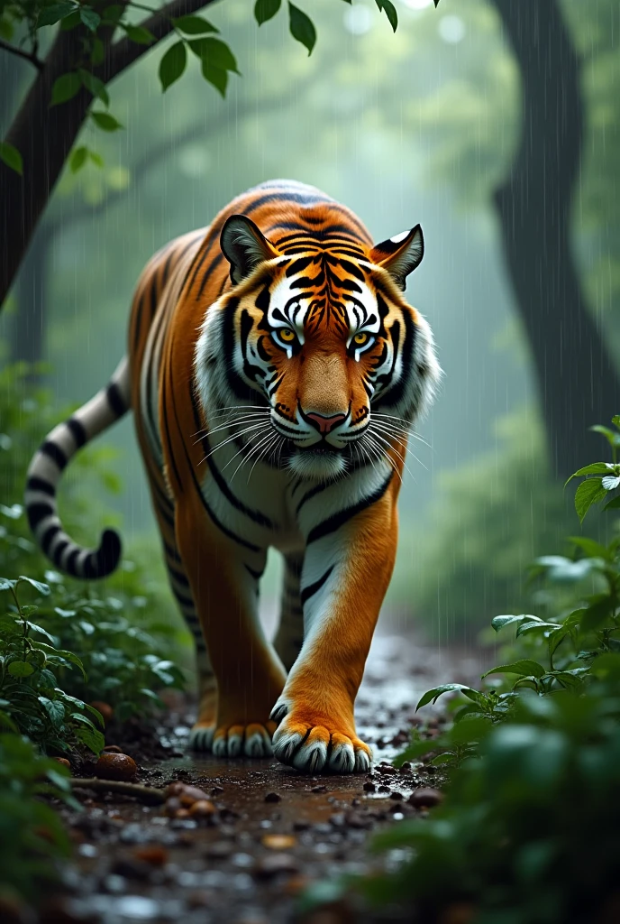 Bengal tiger in green forest Rain