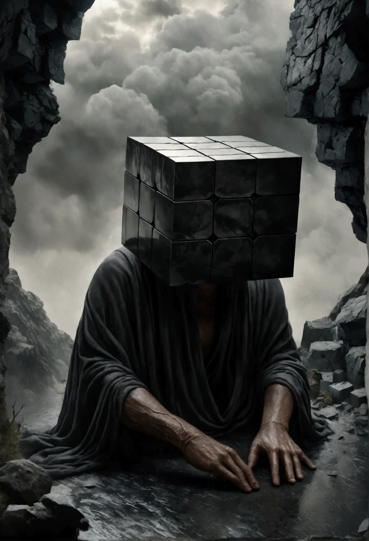 A creepy faceless humanoid figure with a cube-shaped head, bent over and exhausted, in a dark, unsettling surreal abstract space filled with mist, inspired by the art of Alecsio Albi, (best quality,4k,8k,highres,masterpiece:1.2),ultra-detailed,(realistic,photorealistic,photo-realistic:1.37),extremely detailed facial features, hyperrealistic, dark and ominous atmosphere, highly detailed cube-shaped head, intricate textures, moody lighting, surreal landscape, dark moody colors, somber mood