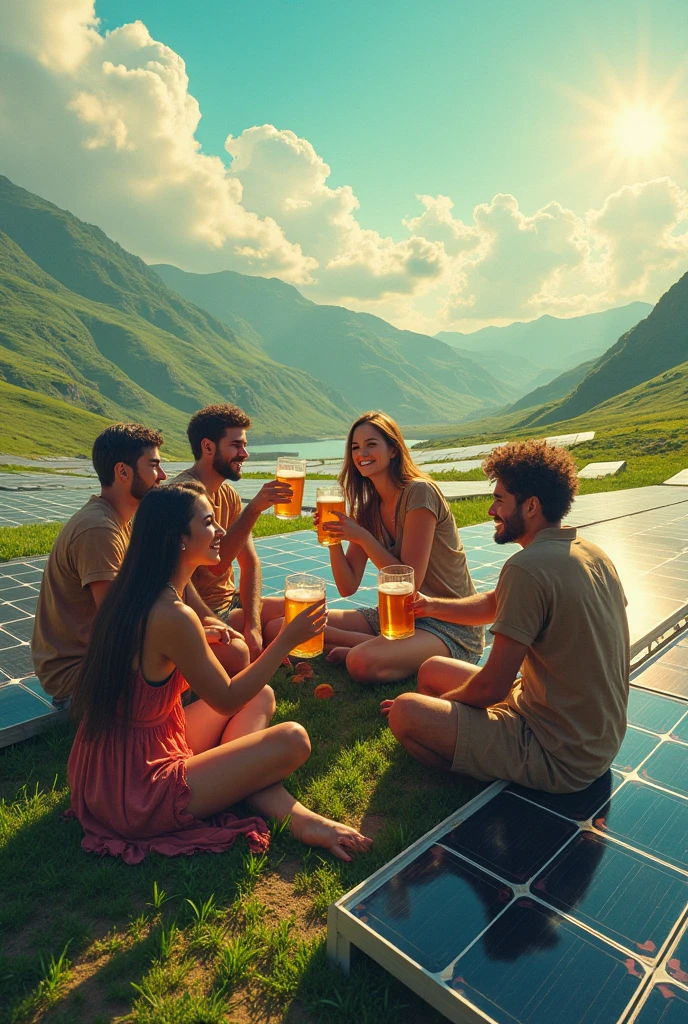 Solarpunk fantasy image of people (guys and girls) drinking jars of beer on top of solar panels