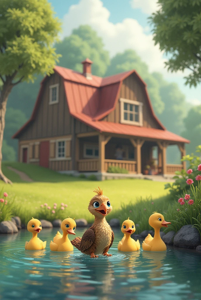 Little eagle living with ducks family in a farm, the eagle live like a duck