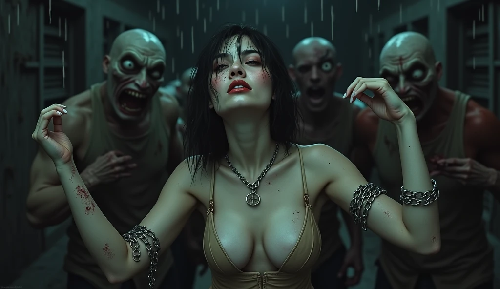 Sexy group of 4 female zombies wearing silk dresses feeding on a human male ripping his intestines out while he screams