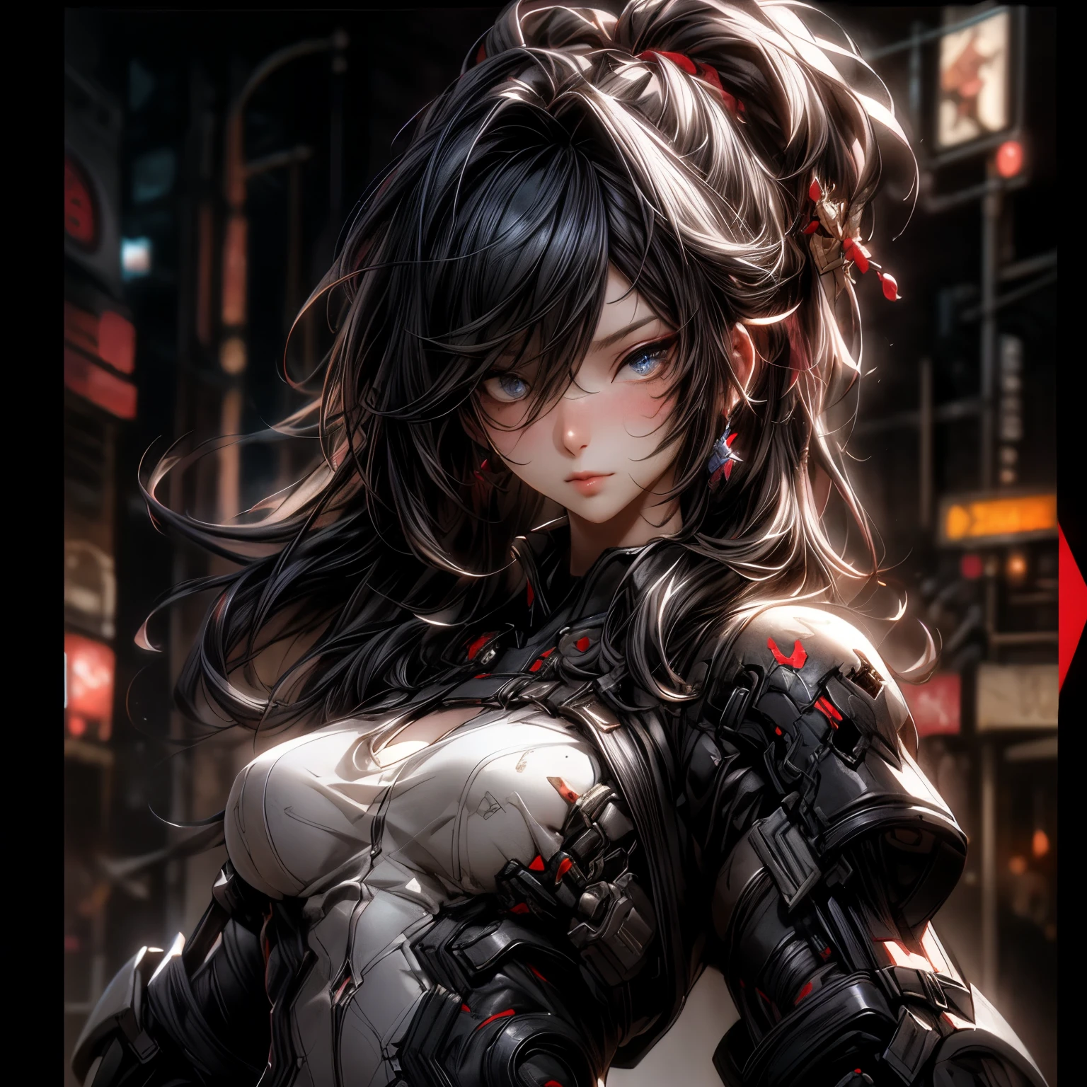 (best quality)), ((Masterpiece)), (details:1.4), 3d, HDR (high dynamic range), an image of a beautiful cyberpunk female, Cyberpunk, Fantasy, Cherry Chocolate hair, Long hair, Beautiful Golden eyes, จมูกโด่ง, ปากแดง, หน้าอกใหญ่, nvidia RTX, PBR surface, After processing, Anisotropic filtration,depth of field, Maximum clarity and clarity, multi-layered surface, Subsurface scattering, perfect proportions, 8K raw files, ultra detailed, Perfect proportions, volumetric lighting, soft lighting, Holy Paladin, Heavy Black Armor, Red dress, glossy skin, intricate Silver embroidery, Army background, jewely, ต่างหู, นิ้วมือสมบูรณ์, Mask