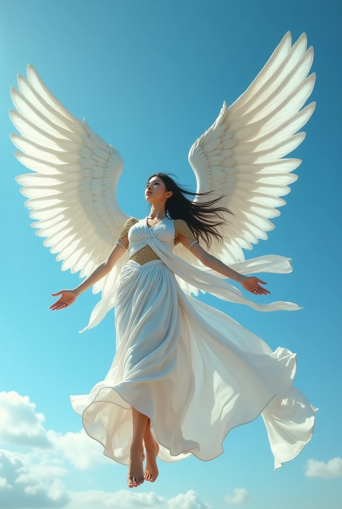 Like the Nike of Samothrace、Soaring in the Sky、Beautiful Japanese Women Photos。Ancient Greek costume, white and rustic。Big flapping wings。Full body portrait。Side angle。Makeup in a modern Japanese style。Soaring in the Sky。blue sky。Backlight。