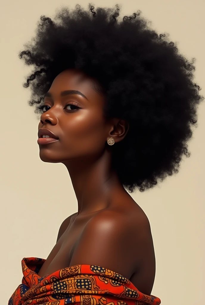 a black woman,curly hair, Simpler, with African clothes