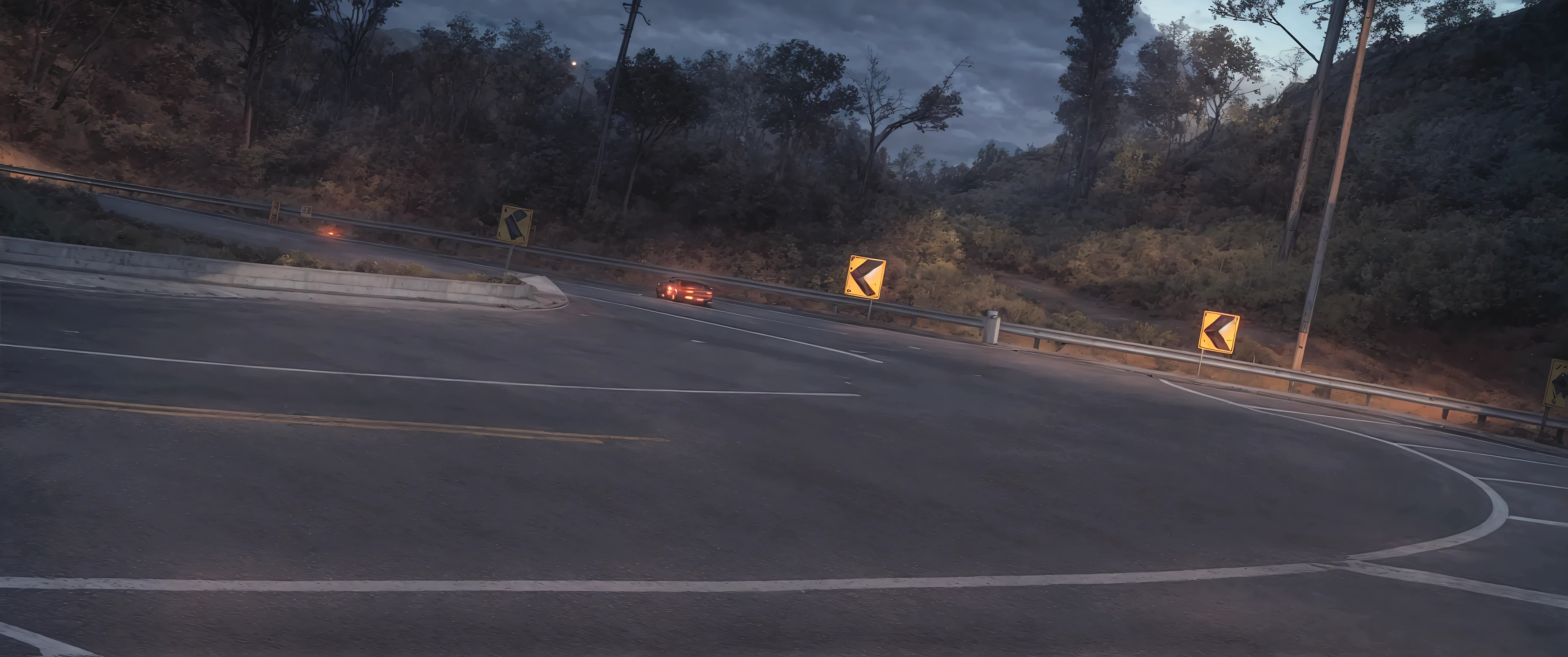 A picture of a highway at night, a need for speed highway scene, a highway without cars, asphalt road, a large angle curve, a highway guardrail, a hillside and green plants on the right side of the road, clear mountain texture, green plants on both sides of the road, hillsides, more road details, real road texture, real road texture, asphalt road texture, game background, 8k ultra-clear, UE5 rendering, light and shadow rendering, 3D rendering