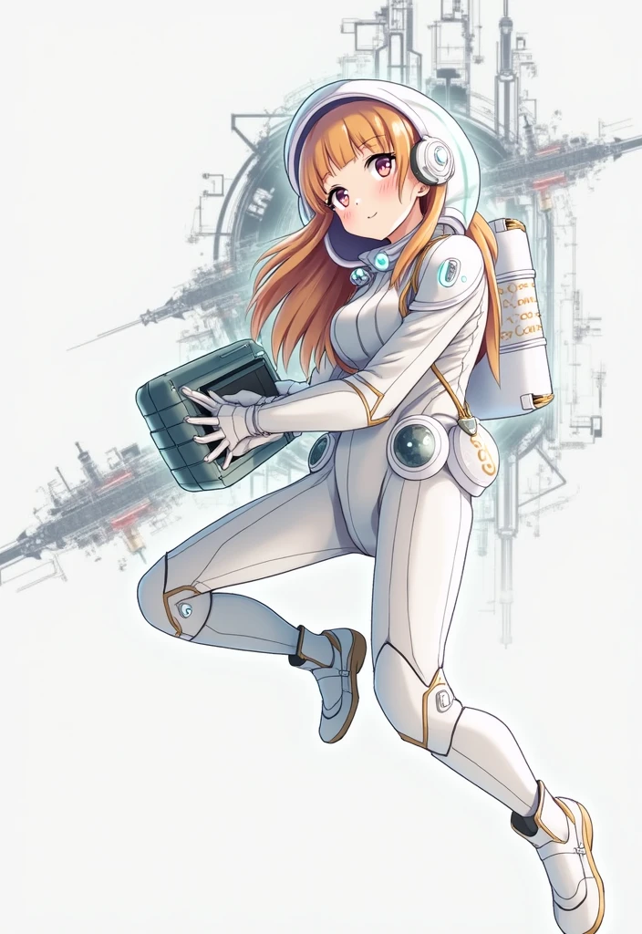 a drawing of an anime girl in a futuristic space suit holding a box, traditional anime art, traditional style,