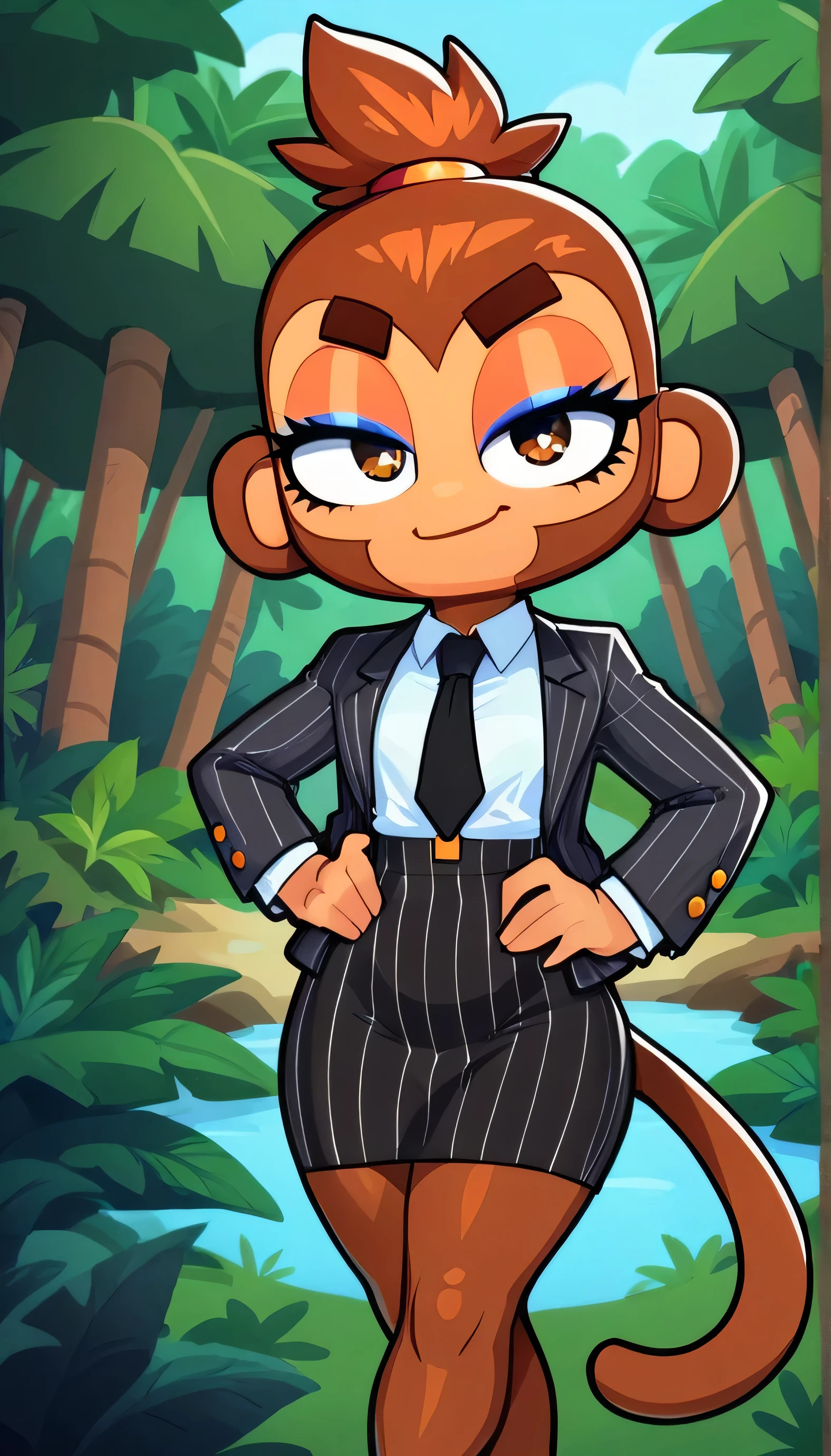 score_9, score_8_up, score_7_up,
1boy crossdressing femboy, solo, eyelashes, eyeliner, eyeshadow, smug, shortstack, gyaru, crossed legs, navy pinstripe skirt suit, (((three-piece suit))), (((dress shirt))), (((black necktie))), (((blazer))), (((suit jacket))), (((waistcoat))), double-breasted waistcoat, (((bodycon pencil skirt)))
log, jungle, trees, forest,
BTD6, furry, no nose, monkey, brown fur,