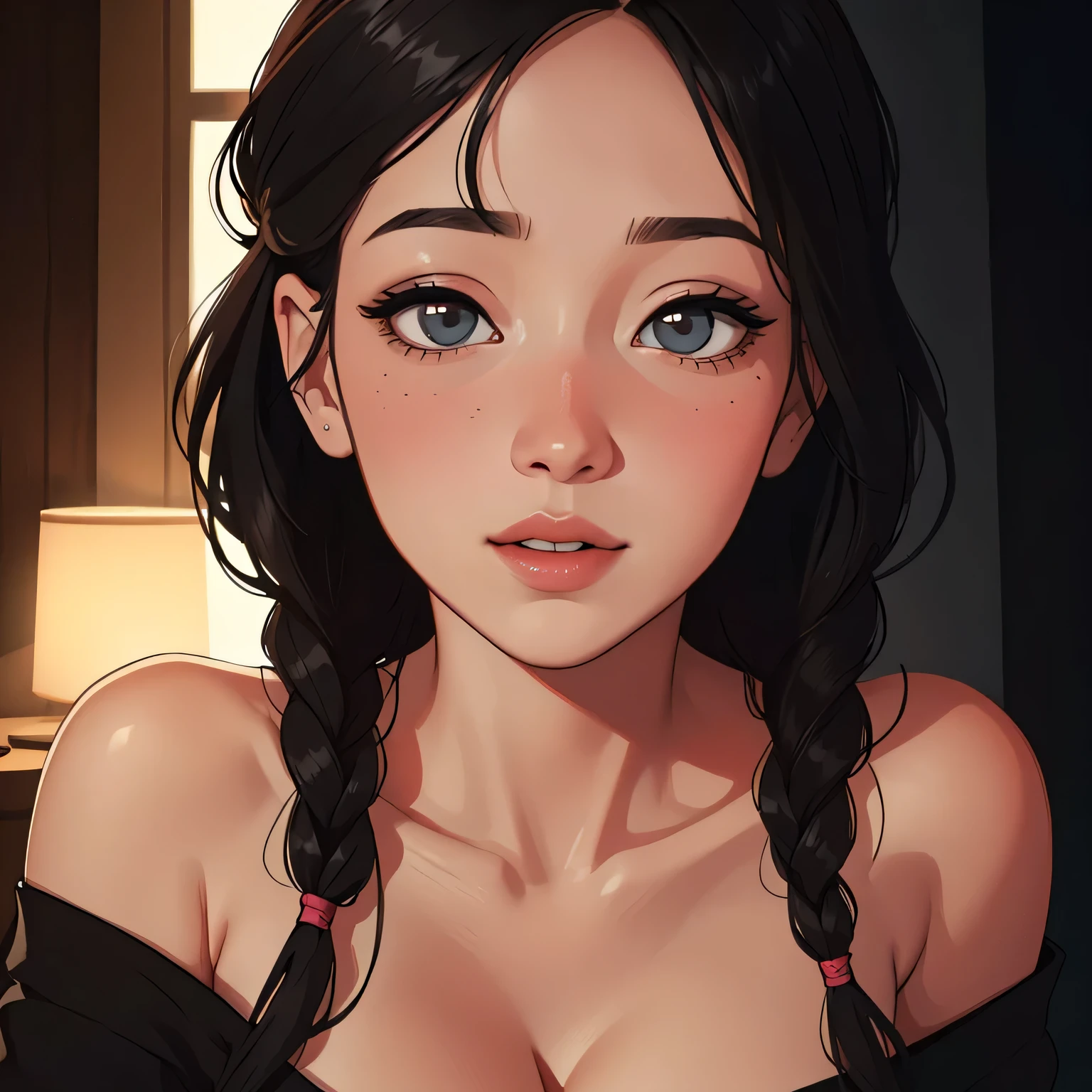 a beautiful woman with long black braided hair, seductive soft eyes, blushing hard, pink parted lips with a seductive smile, long neck and collarbone, medium chest and cleavage, wearing an off-shoulder t-shirt exposing her bare shoulders, (best quality,4k,8k,highres,masterpiece:1.2),ultra-detailed,(realistic,photorealistic,photo-realistic:1.37),intricate details,highly detailed face,extremely detailed eyes and face,longeyelashes,beautiful detailed lips,extremely detailed skin,cinematic lighting,warm color tones,chiaroscuro lighting,romantic,sensual,intimate,alluring,captivating