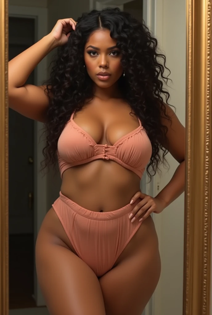 ((best quality)), ((masterpiece)), (detailed), perfect face, curly latin woman, kylie jenner, margot robbie,scarlett johannson, (ultra sexy instagram body:1.5) , beautiful, (perfectly realistic face), detailed face, (sexy face:1.3), brownish eyes, curly hair, (real skin texture:1.3), (busty:1.5), (huge round tits:1.5), (perky tits:1.5), (perfect high tits:1.5), sexy big ass, round ass, juicy ass, taking a selfie with iphone in the mirror, confident and sultty attitude, famous instagram model, full body photo fully naked, explicit and suggestive, highres, 8k