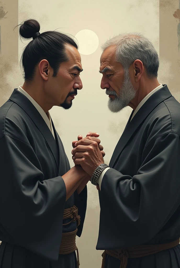 Please draw an image of you two pinky-pining together. Being human. Men in their 40s. An image that shows determination. Japanese culture.『Finger cutting genman』Intertwine your pinkies