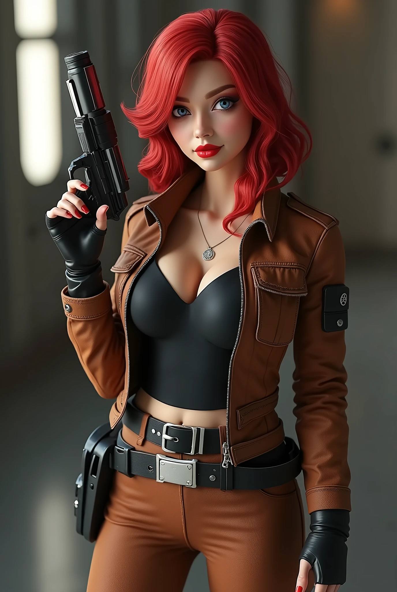 Captured from a high-angle, eye-level perspective, full body front facing shot, a woman hourglass body with large breasts, dressed in a brown and black flight  jacket brown and black pants with a black leather utility belt, holds a futuristic blaster handgun in her right hand. Her left hand is raised in the air, while her right arm rests on her hip. Her right arm is draped over her shoulder, adding a pop of color to the scene. The girl's hair is a bright red full body over the shoulder with bangs, Her eyes are a piercing blue, and her lips are a bright shade of red, with a slight smile on her face. The backdrop is blurred in the background there is 3D text that reads "Star Wars Outlaws" at the top of the picture, creating a stark contrast to the girl. Star Wars Movie Style Science Fiction, Futurism, retina, masterpiece, accurate, anatomically correct, textured skin, super detail, best quality, award winning, highres, 4K, 8k, 16k