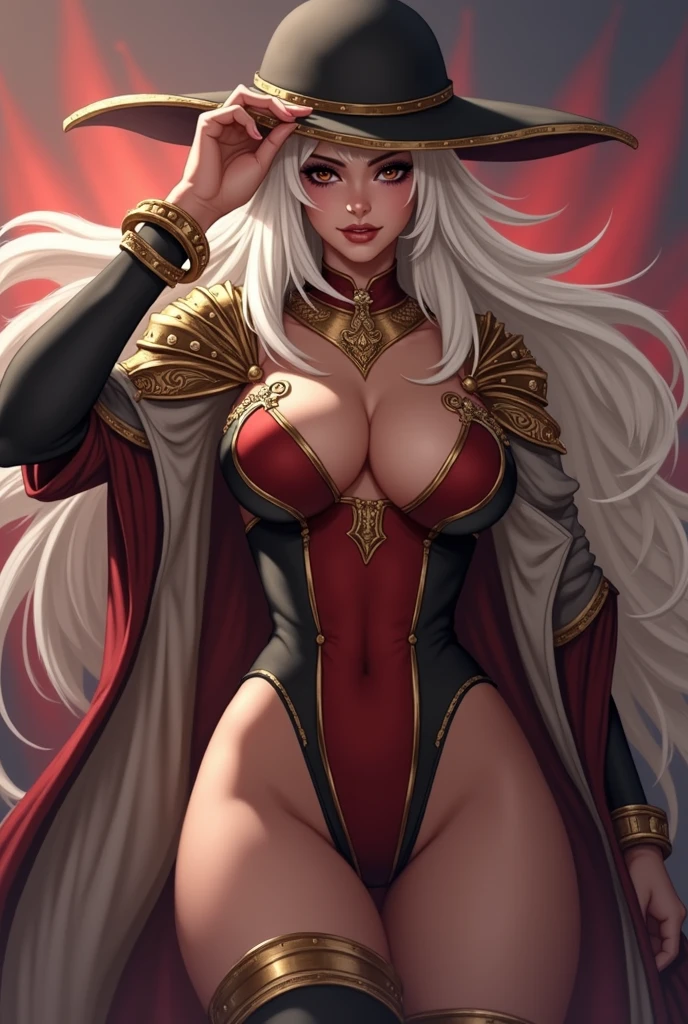 (masterpiece, high quality:1.8), extremely detailed, ambient,
SallyWhitemane, 1girl, female, FeelsGood, determined,
white hair, long hair, jewelry, (eyeshadow:1.8),
hat, shoulder armor, (two-tone leotard:1.2), gold trim,
red background,